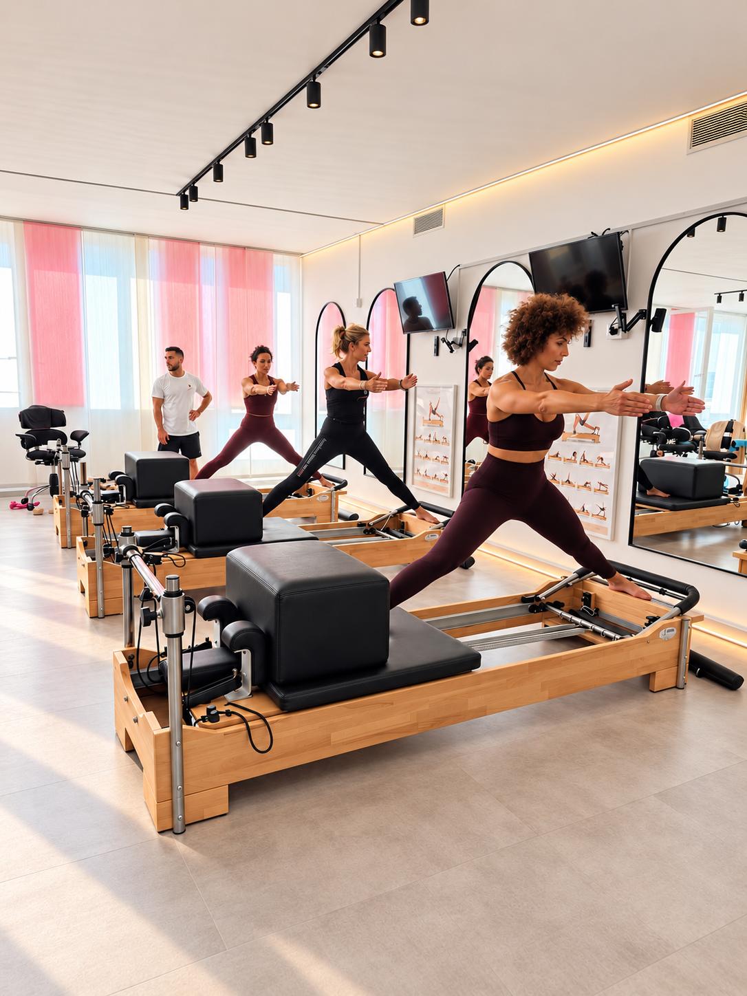 Partecipanti impegnate in un esercizio di Pilates Reformer nella Fitness Room dello Sliding Moment Lab durante la formazione Pilates Reformer 1 di Accademia Italiana Sportiva
